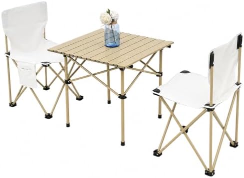 Camping Table with 2 Chairs, Portable Folding Picnic Table Set-Beige by FXKS