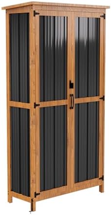 Devoko Metal & Wood Weatherproof Garden Storage Tall Shed with 3 Adjustable Shelves, Lockable Outdoor Patio Cabinet, Waterproof Yard Organizer for Lawn Gear and Garden Tools, Black - Image 7