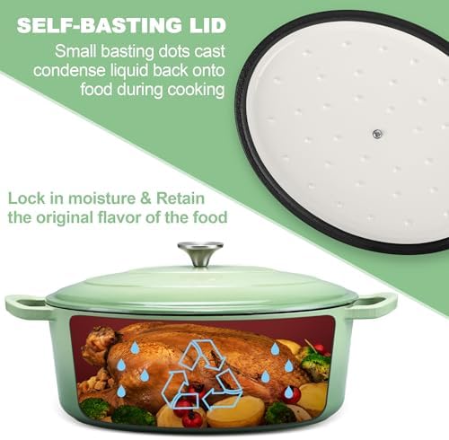 E-far 7QT Oval Dutch Oven Pot with Lid, Green Enameled Cast Iron Dutch Oven - Image 5