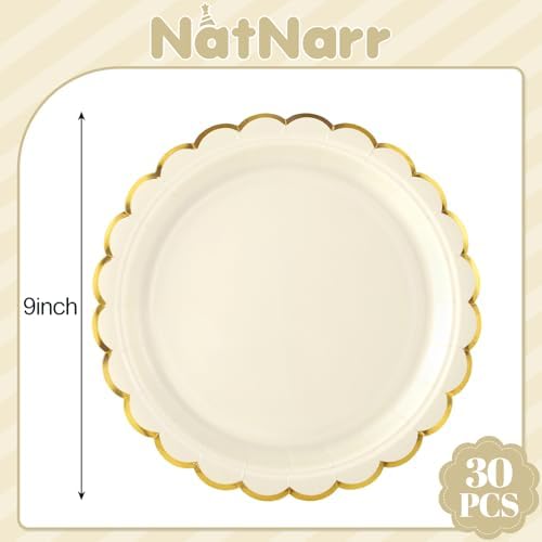 NatNarr 30 Pk Ivory Paper Plates 9" Scalloped Cream Plates with Gold Rim - Image 2