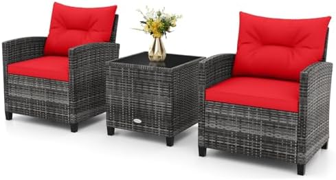 RELAX4LIFE Wicker Patio Furniture Sets - 3 Pieces Rattan Sofa Set, Outdoor Conversation Set with Tempered Glass Tabletop, Heavy-Duty Steel Frame, Wicker Chair Set for Poolside, Backyard (Grey-Red) by RELAX4LIFE