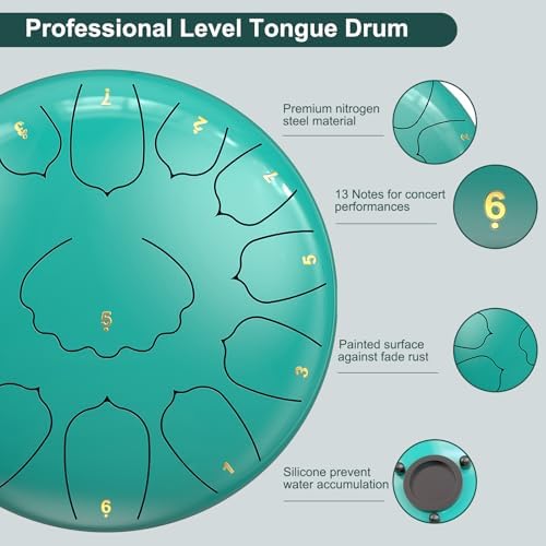 D Major Steel Tongue Drum Handpan, 12 Inch 13 Note Rain Drum for Outside Garden, Meditation Rain Chime, Musical Percussion Instrument for Adult Gift with Bag, Music Book, Drum Mallets (Lake Blue) - Image 2