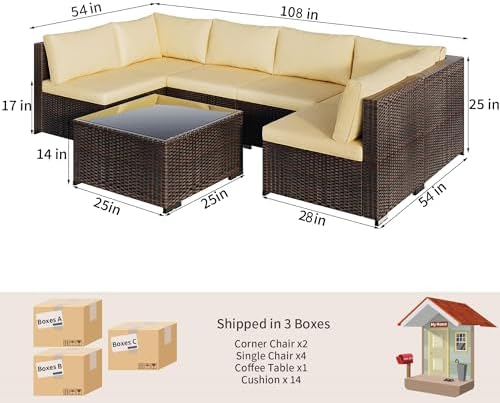 Qsun Patio Furniture Sets 7 Pieces Outdoor Sectional Rattan Sofa Manual Weaving Wicker Patio Conversation Set with Glass Table and Cushion (Beige) - Image 2