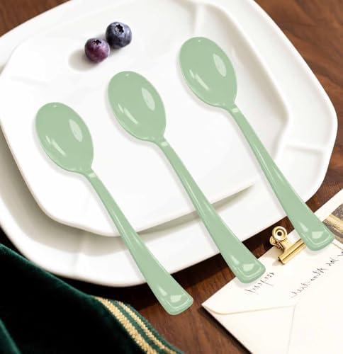 SietDESEO 25 PCS Sage Green Plastic Spoons Disposable Utensils Heavy Duty Sage Green Spoons Disposable Cutlery for Birthday Wedding Baby Shower Bridal Shower Plastic Silverware - Image 5
