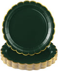 NatNarr 30 Pk Green Plates 9" Scalloped Dark Green Plates with Gold Rim by NatNarr