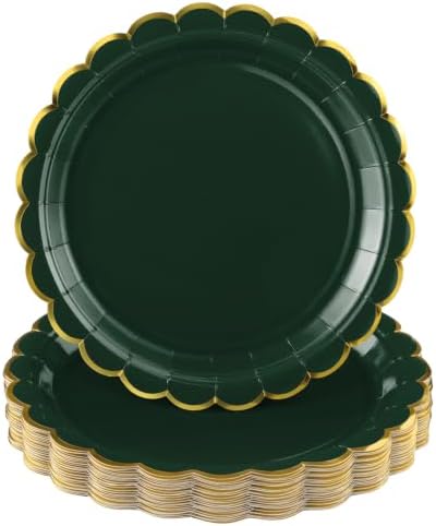 NatNarr 30 Pk Green Plates 9" Scalloped Dark Green Plates with Gold Rim by NatNarr
