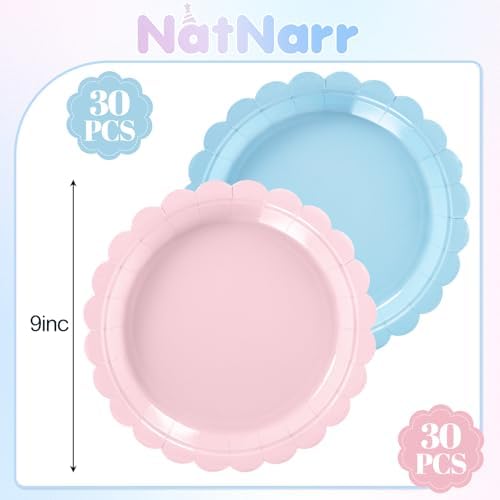 NatNarr 30 Pcs Pink and Blue Paper Plates, 9 Inch Gender Reveal Plates - Image 2