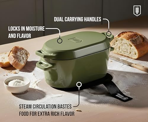 Kook Oval Dutch Oven, for Bread Baking, Sourdough Loaf Pan, Dual Handles, Enameled Cast Iron, with Sling, Dishwasher Safe, 3.4 Qt, Sage Ombre - Image 4
