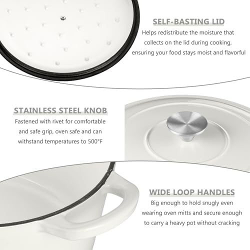 E-far 6 Quart Dutch Oven, Enameled Cast Iron Dutch Oven Pot with Lid, Nonstick Round Cookware for Braising/Stews/Roasting/Bread Baking/Cooking, Heavy Duty, Induction & Oven Safe - White - Image 7