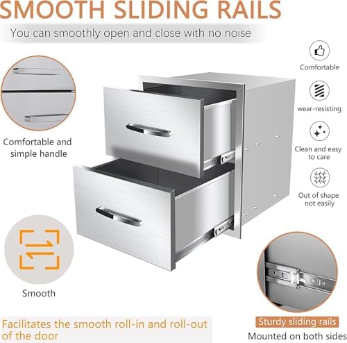 Pull Out Trash Drawer, Lower Sliding Rails Stainless Steel Roll Out Trash Bin Pull Out Tray With Handle For Outdoor Kitchen BBQ Island Grill Station,Double Drawers - Image 3