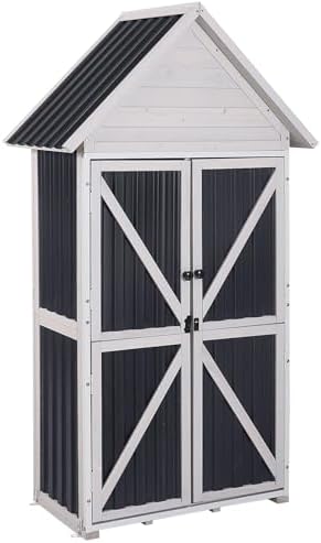 GUTINNEEN Outdoor Storage Cabinet, Wood & Metal Frame Garden Storage Shed with Waterproof Plastic Roof, Adjustable Shelves, Raised Base, Weather-Resistant Tool Shed for Backyard, Patio & Lawn, 67.5"H by GUTINNEEN