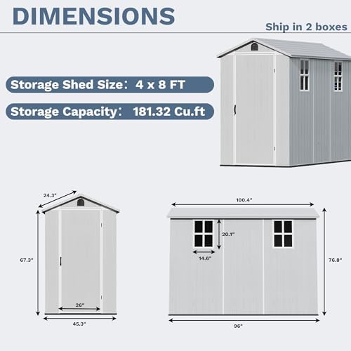 Devoko 4×8 FT Resin Outdoor Storage Shed with Floor, Light Grey - Image 2