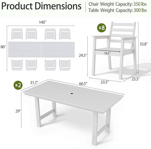 10-Piece Outdoor Dining Set, All-Weather HDPE Patio Furniture, Two 66.5" Slatted Table with 1.6" Umbrella Hole & 8 Ergonomic Armchairs, Heavy Duty 350lbs Capacity, UV Resistant, White - Image 3