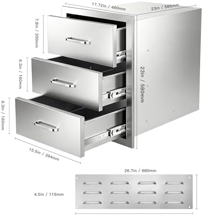 Outdoor Kitchen Drawers, 3-Drawer Stainless Steel Flush-Mount BBQ Drawer Cabinet with Full-Extension Slides, 18 in. W x 23 in. H x 23 in. D, for BBQ Island, Grill Station and Patio Kitchen - Image 2