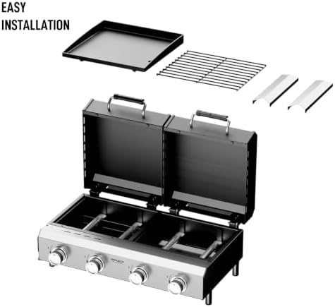 ROVSUN 2-in-1 Propane Gas Grill and Griddle Combo with Lid, 4 Burner Tabletop Flat Top Griddle & Grill with 40000BTU Output, Auto Ignition, Enamel Grate for Outdoor Backyard BBQ Cooking - Image 5