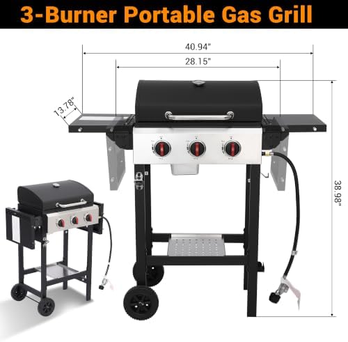 3-Burner Propane Gas Grill with Folding Side Tables - Image 3