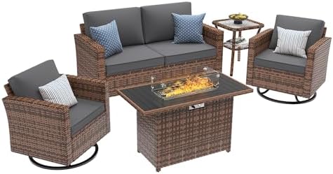 UDPATIO 5 Pieces Patio Furniture Set with Fire Pit Table, Outdoor Furniture Set with Rocking Swivel Chairs, Wicker Patio Set with Waterproof Cover, 4'' Thickened Cushion, Grey - Image 2