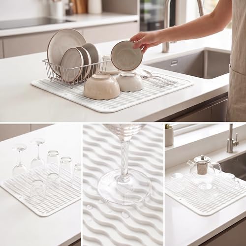 MicoYang Silicone Dish Drying Mat for Multiple Usage,Easy clean,Eco-friendly,Heat-resistant Silicone Mat for Kitchen Counter or Sink,Refrigerator or Drawer liner White M 12 inches x 12 inches - Image 4