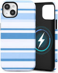 for iPhone 15 Case, Magnetic Matte Frosted Dual-Layer Striped Phone Case for Women, Retro Aesthetic Cover Compatible with MagSafe Accessories - Coastal Blue by YKCZL