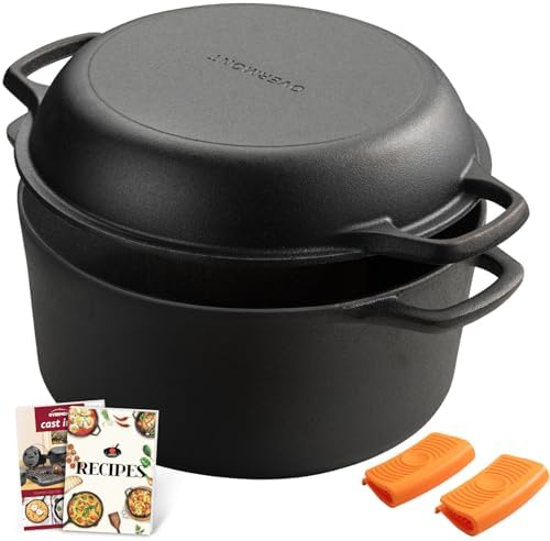 Overmont 7QT Double Dutch Oven - 2-in-1 Pre-Seasoned Cast Iron Pot & Recipe by Overmont