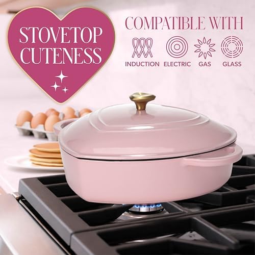 Paris Hilton Enameled Cast Iron Braiser, Heart-Shaped Skillet with Lid, Superior Heat Retention Casserole, Stovetop and Oven-to-Table, 3.5-Quart, Pink - Image 7