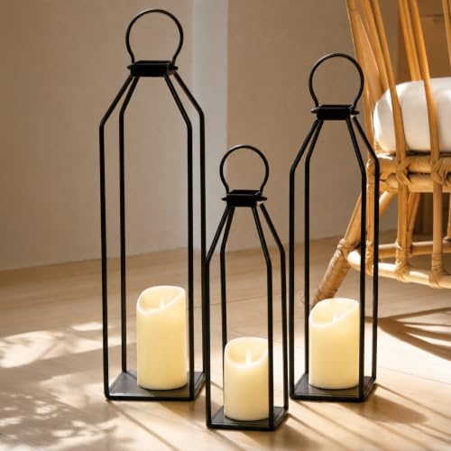 Perfnique Modern Farmhouse Lanterns, Set of 3 Black Metal Lanterns w/ 6hr Timer Flickering Flameless Candles, Decorative for Outdoor Decor, Front Porch, Indoor, Patio, Garden, Fireplace, Christmas by PERFNIQUE