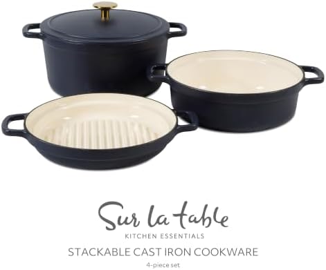 Sur La Table Kitchen Essentials 4-Piece Enameled Cast Iron Stackable Cookware Set, 5.3 Qt Dutch Oven with Lid, Braiser & Grill Pan, Navy Blue, Gold Knob Oven Safe to 500°F, Induction Compatible - Image 2