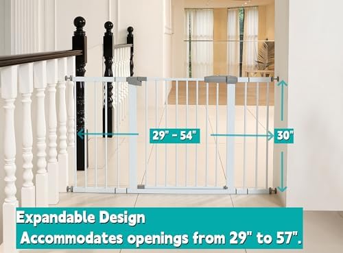 53.46"-55.63" Baby and Pet Safety Gate, 30" Tall Metal Walk-Thru Gate for Doorways & Stairs, Easy One-Hand Open, Dual Lock, Extensions & Wall Mounts Included (White, 29"-54" W x 30.5“H) - Image 2