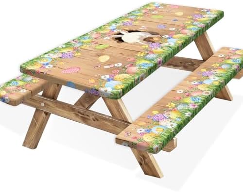 Easter Picnic Table Cover with Bench Covers, Cute Bunny Flower Brown Wooden Board Camping Tablecloth, Waterproof Windproof, Fitted Tablecloth Cover with Elastic Edge, for Outdoor, 3 PCS, 30x72 Inch by Xguatan