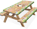 Easter Picnic Table Cover with Bench Covers, Cute Bunny Flower Brown Wooden Board Camping Tablecloth, Waterproof Windproof, Fitted Tablecloth Cover with Elastic Edge, for Outdoor, 3 PCS, 30x72 Inch by Xguatan