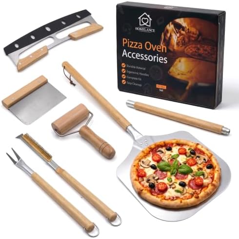 Outdoor Pizza Oven Accessories Kit, 6 Peices Pizza Set for Adults Includes Round Pizza Peeler, Oven Brush, Bubble Popper Turner, Rocker Cutter, Dough Roller & Scraper by Homelance