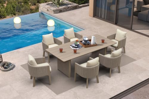 PURPLE LEAF Outdoor Dining Set 7 PC Aluminum with Olifen Wicker Chair Beige by PURPLELEAF
