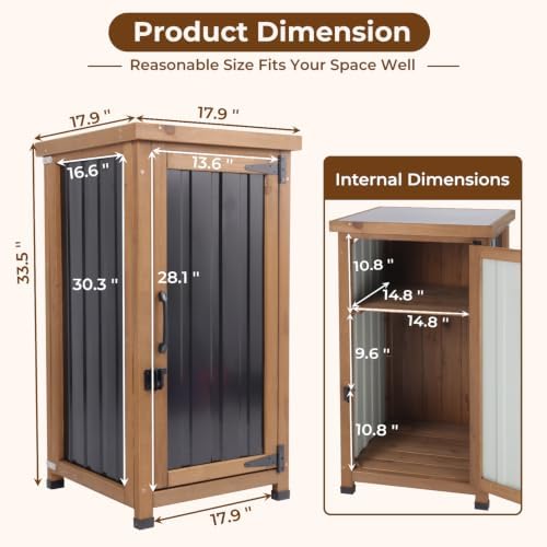 PetsCosset Small Outdoor Storage Cabinet Waterproof with Metal Top, Wood & Metal Outside Potting Bench Table Tool Organizer with Adjustable Shelf for Patio Backyard Garden - Image 6