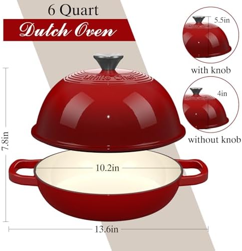 Enamelled Cast Iron Dutch Oven Pot – Dutch Oven Pot with Lid For Sourdough Bread Baking – Cast Iron Bread Oven – Red, Umite Chef 6QT Pot with Lid & Cotton Potholders - Image 5
