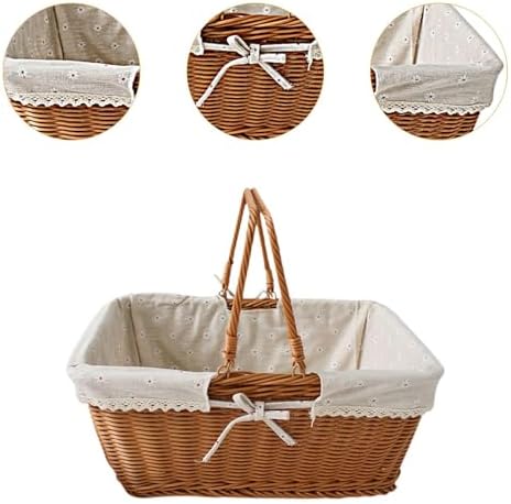 Imitation Rattan Picnic Basket Picnic Hamper Woven Storage Basket Fruit Basket for Bread Fishing Garden BBQ Outdoor Camping- Style E - Image 4