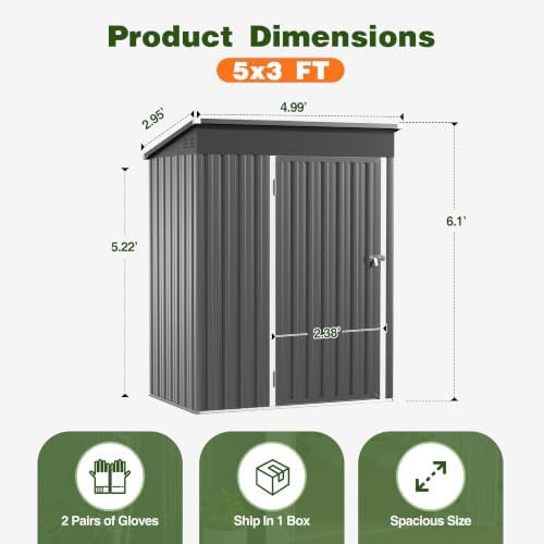 5 x 3 FT Outdoor Storage Shed, Waterproof Metal Garden Tool Shed with Sloped Roof, Magnetic Light, Lockable Door & Air Vents for Backyard Patio Lawn, Dark Gray - Image 2