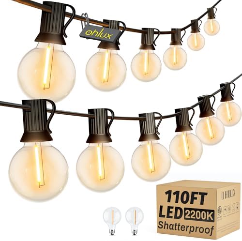 OHLUX Outdoor String Lights,110FT Dimmable Patio Lights with 52 Shatterproof 2200K LED G40 Bulbs(2 Spare),Waterproof Hanging Lights String for Outside Backyard Cafe Porch Deck Porch by OHLUX-YourIndoorOutdoorSpaceLightingPartner