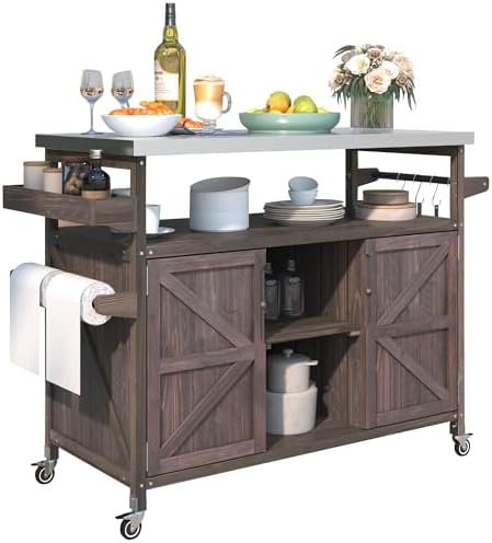 Outdoor Kitchen Island with Stainless Steel Top, Rolling Bar Cart & Storage Cabinet, 100% Solid Fir Wood BBQ Prep Station Grill Table with Spice Rack & Towel Holder (Dark Brown, 50-Inch) by Unknown