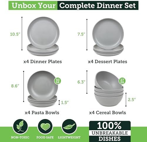 Grow Forward 16-piece Premium Wheat Straw Dinnerware Sets for 4 - Unbreakable Dishwasher & Microwave Safe Plastic Plates and Bowls Sets - Patio, Outdoors, RV, Camping Dishes - Feather - Image 3