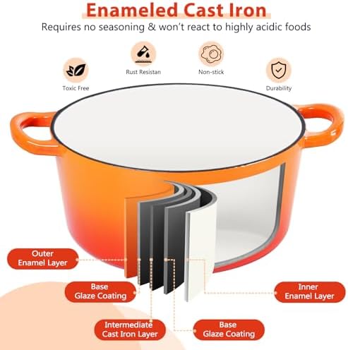 E-far 6 Quart Dutch Oven, Enameled Cast Iron Dutch Oven Pot with Lid, Nonstick Round Cookware for Braising/Stews/Roasting/Bread Baking/Cooking, Heavy Duty, Induction & Oven Safe - Orange - Image 3