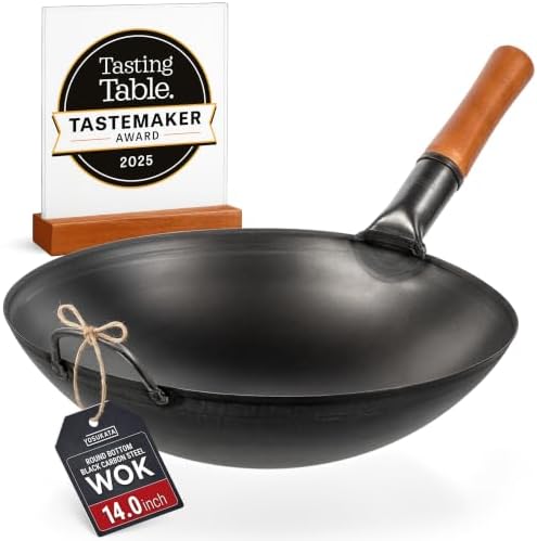 YOSUKATA 14" Black Carbon Steel Wok with Round Bottom by YOSUKATA