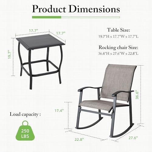 Shintenchi 3 Piece Rocking Bistro Set, Outdoor Furniture with Rocker Chairs and Glass Coffee Table Balcony, Porch Furniture for Small Space, Gray - Image 5