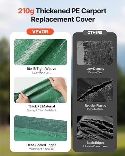 VEVOR Carport Replacement Canopy, 10 x 20 ft Potable Garage Tent Top Tarp, UV-Resistant & Waterproof Car Shelter Tarp, Heavy Duty Car Port Cover with Ball Buggees, Dark Green, Frame Not Included - Image 4