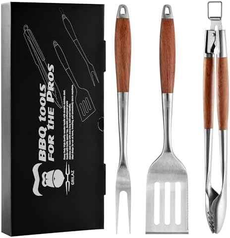 GRILAZ Heavy-Duty Rose Wooden BBQ Grilling Tools Set. Extra Thick Stainless Steel Multi-Function Spatula, Fork & Tongs | Essential Accessories for Barbecue & Grill. Ideal Gift for Father… by Grilaz