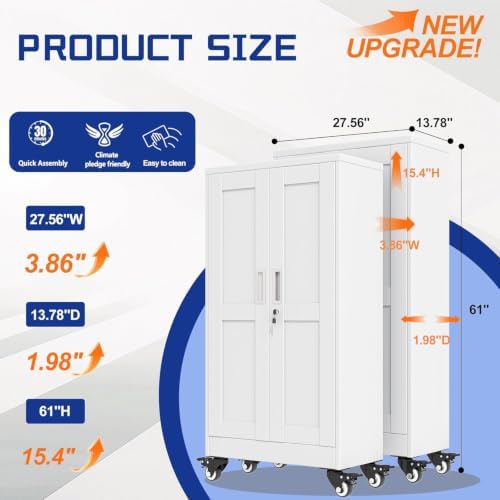 GAIOUS Metal Garage Storage Cabinet with Lock, 61” Tall Lockable File Cabinet with Wheels, Steel Tool Cabinet with 2 Door and 3 Adjustable Shelves, Rolling Cabinet for Home Office Garage Gym - White - Image 2