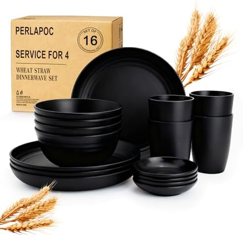 Wheat Straw Dinnerware Sets 16 PCS, Unbreakable Kids Plates and Bowls for 4-9 IN Plates, 26 OZ Cereal Bowls, 2 OZ Dipping Bowl, 12 OZ Cups, Dishwasher & Microwave Safe Plate Set - Black by Perlapoc