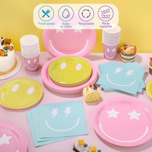 Kochorie 96 Piece Preppy Smiley Face Party Paper Plates Preppy Smile Face Party Decorations Preppy Tableware Set Paper Smile Face Plates Cups Napkins Cutlery Serve 24 Guest for Birthday or Baby Shower - Image 5