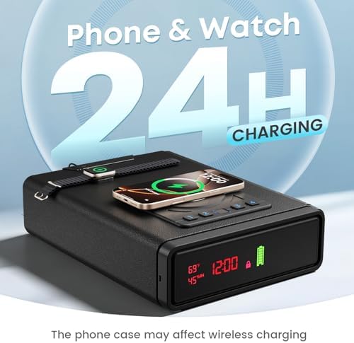 Biometric Gun Safe for Handgun with Wireless Phone & Watch Charging, Clock Pistol Safe with Fingerprint, Keypad and Key Access, Adjustable Brightness, Backlit Keypad for Home Office - Image 4