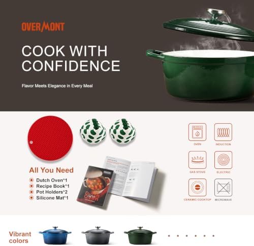 Overmont Enameled Cast Iron Dutch Oven - 5.5QT Pot with Lid Cookbook & Cotton Potholders - Heavy-Duty Cookware for Braising, Stews, Roasting, Bread Baking Bamboo Shadow - Image 5