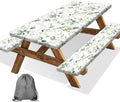 Picnic Table Cover with Bench Covers and Bag, Camping Essentials, Eucalyptus Leaves Outdoor Table Covers, Waterproof Windproof, Fitted Tablecloth Cover with Elastic Edge, 3 PCS, 30x72 Inch by Xguatan